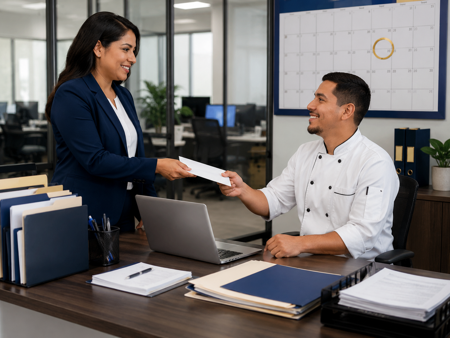 Kelymag office administrator delivering payroll to a restaurant employee