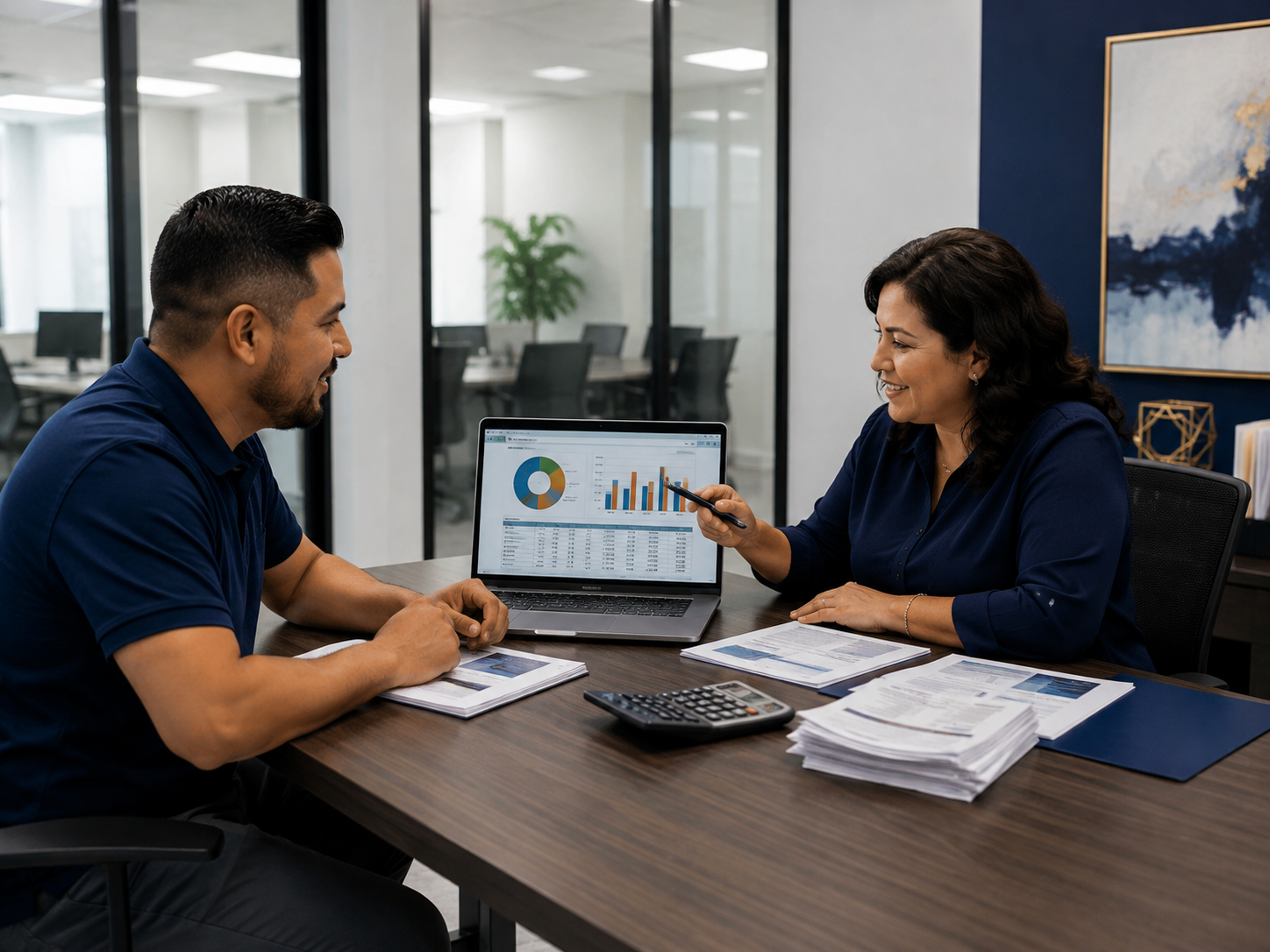 Kelymag bookkeeper reviewing financial reports with a small-business owner